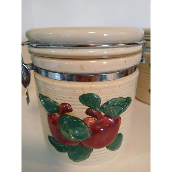 VTG-3 Cracker Barrel Country Apple Canister Set Metal Closure With Candel Holder